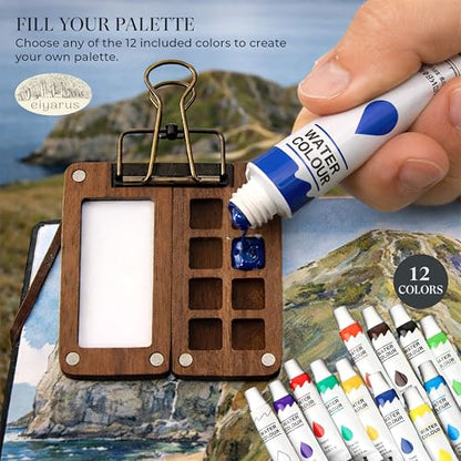 Mini Watercolor Travel Set, Walnut Wood 12 Colors Brush, Sketchbook, 2 Pens