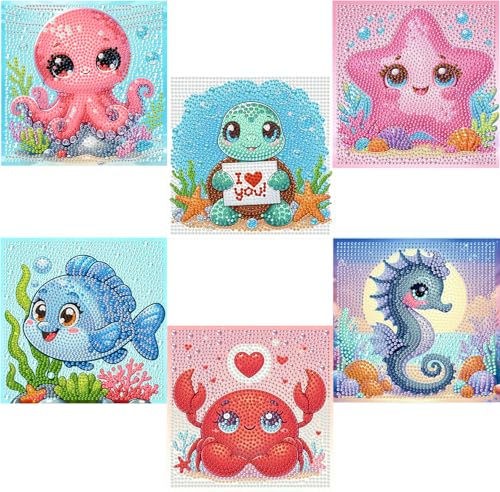 6 Pack Diamond Art Kits for Kids - Ocean Animal Diamond Painting Kits | Diamond Art Painting Kit for Kids,Round Diamond Dots Full Drill Gem Art DIY Crafts for Girls Boy for Home Decor Gift 7x7 In - color: Ocean Animals