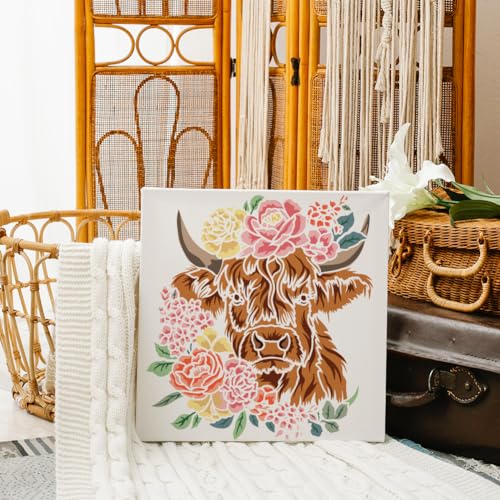 FINGERINSPIRE 2pcs Layered Floral Cow Painting Stencil 11.8x11.8 inch Reusable Peony Flower Bundle Cow Drawing Template Farm Animal Stencil for Painting on Wood Wall Fabric Paper Furniture - color: Layered Floral Cow