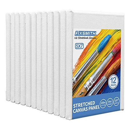 FIXSMITH Stretched White Blank Canvas- 5x7 Inch,Bulk Pack of 12,Primed,100% Cotton,5/8 Inch Profile of Super Value Pack for Acrylics,Oils & Other Painting Media. - size: 5"x7"-12Pack