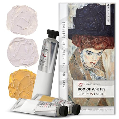 ZenART Professional Oil Paint Set - Artist Grade Box of Whites - 3 Tubes | Multi White Palette - Non-Toxic Large Tubes, Buttery Consistency, Rich Pigment, Lightfast Oil Paints for Artists & Beginners - color: Box of Whites