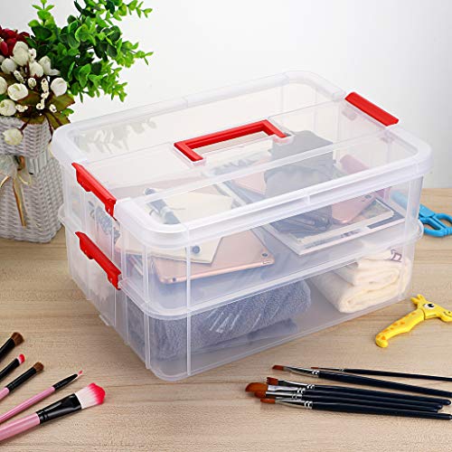 JUXYES 2-Tiers Plastic Stack Carry Storage Containers Box wih Handle Lids - color: Red