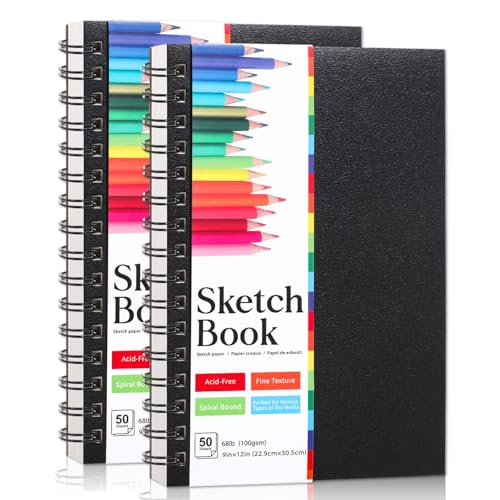 9 x 12 Sketch Book, 2-Pack, 50 Sheets Each, Top Spiral Bound | 100Gsm Perforated Sketch Paper For Pencil, Charcoal, Pen And Pastel; Easy Tear-Out Pages For School, Travel And Practice - size: 9x12