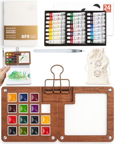 Pocket Artist Watercolor Travel Paint Palette, Mini Wooden Kit with Clip - color: 24 Colors 15 Grid Set