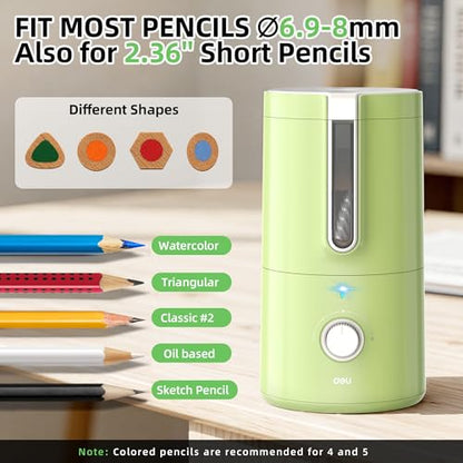 deli Electric Pencil Sharpener, Fully Automatic Pencil Sharpener | for 6.9-8mm Pencils, 5 Sharpness Modes, Rechargeable Hands-Free Sharpener for Classroom Home Office,Green - color: Green