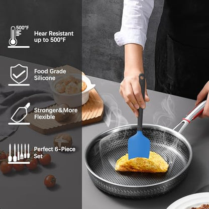 Silicone Spatula Set, 6 Pieces Food Grade Kitchen Utensils with Silicone Brush Heat Resistant Dishwasher Safe BPA-free Rubber Spatula for Scraping, Baking, Cooking, Mixing (Blue) - color: Blue