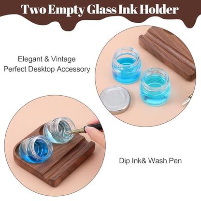 Wooden Tilting Inkwell with Two Glass Bottles, Kakimori Dip Pen Holder & Fountain Pen Stand Set for Calligraphy Writing Desk Organization (4.25"x3.86")