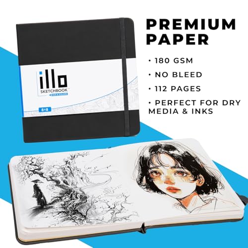 illo Sketchbook 8’’ x 8’’ Square Hardcover Sketch Book, (112lb/180gsm) Heavyweight Paper, Ribbon Marker, Back Pocket, Lays Flat, Minimal Bleed, Vegan, for Artists & Beginners