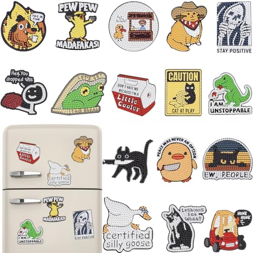 16 Pcs Funny Diamond Painting Magnets Kits Diamond Art Fridge Magnet Refrigerator Sticker Diamond Painting kit for Beginners Adults DIY Art Craft Gifts Home Decors - color: Funny