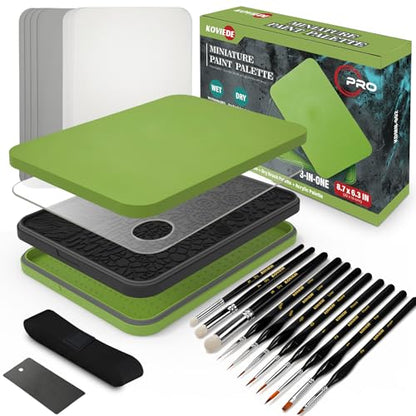Wet Palette, Dry Brush Palette and Acrylic Paint Palette | 11PCS Detail Paint Brushes Drybrush for Miniature Painting and Acrylic Paints, 100PCS Hydration Paper and 4PCS Sponges - style: 3-in-1 Set&11 Brushes
