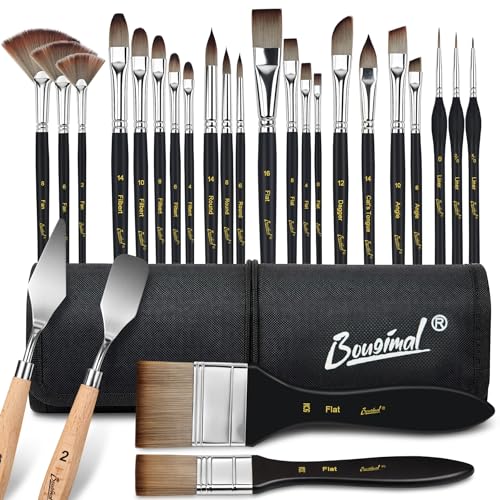 Bougimal 26pc Paint Brush & Palette Knife Set with Waterproof Roll Up Case | No-shed Full-size Black Artist Brushes (Flat, Filbert, Fan, Dagger, Cat Tongue, Round) for Acrylic, Oil, Watercolor - color: Black