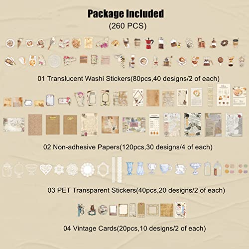 Esweny 260PCS Vintage Journaling Scrapbooking Supplies Scrapbook Sticker Paper Ephemera Pack for Junk Journal Planners Collage Craft Notebooks Album (Coffee and Bread) - color: Coffee and Bread