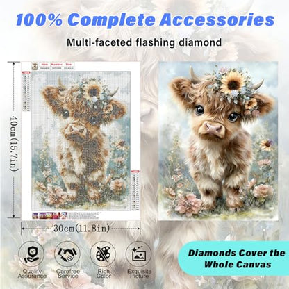 Highland Cow Diamond Art Kits for Adults,Retro Flowers Diamond Painting | Diamond Art Kit for Beginners, 5D DIY Full Drill Diamond Painting Gem Art, Home Wall Art Gifts(12x16 inch) - color: DP03966