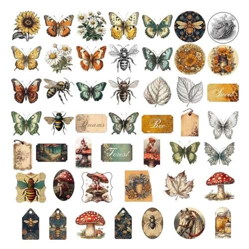 50Pcs Vintage Stickers,Waterproof Vinyl Aesthetic Decorative Sticker Scrapbooking Supplies for Adult Card Making Letters Planner Journaling Junk Journal DIY Water Bottles Cards Art Craft.Butterfly - color: Butterfly
