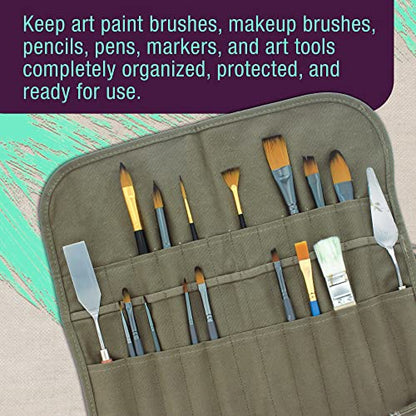 U.S. Art Supply Deluxe Canvas Art Paint Brush Holder & Storage Organizer | Roll-Up Case Bag - 24 Slot Pockets Carry Pouch - Protect Artist Acrylic Oil Watercolor Paintbrushes - Store Pencils, Pens