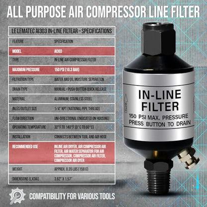 LE LEMATEC Air Compressor Water Separator - 1/4 NPT Inline Moisture Trap, Air Dryer for Pneumatic Tools, HVLP Spray Paint Gun & Airbrush with Easy Drain Valve, AI303 (Pack of 2) - size: 1.6" x 1.6" x 3.6" (Pack of 2)