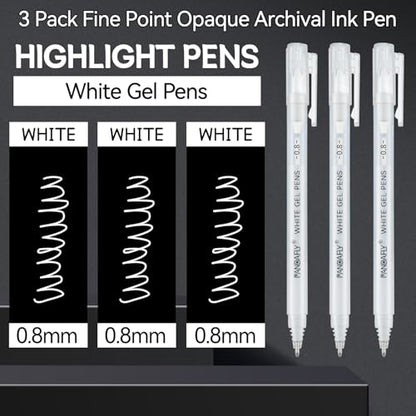 PANDAFLY White Gel Pens, 3-Pack, 0.8mm Fine Point Opaque Gel Ink Pens | White Archival Ink Pens for Highlights, Black Paper Drawing, Sketching, Illustration, Card Making, Bullet Journaling - style: White-0.8mm