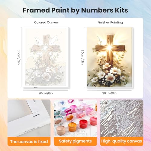 HEIBAGO Framed Paint by Numbers Kit Religious Cross for Adults, Paint by Numbers for Adults Beginner,Adult Paint by Number Kits Christ on Canvas,DIY Painting by Numbers for Gift Home Wall Decor 8x12In - color: Cross