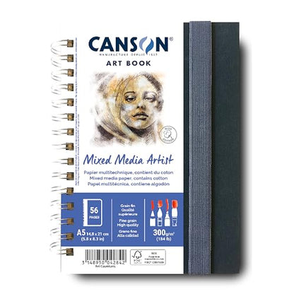 Canson Mixed Media Art Book, 5.8x8.3 inches, 56 Sheets, Blue Cloth Hardcover, Side Wire - Professional Artist Notebook for Painting, Sketching, Drawing - size: 5.8x8.3 inches