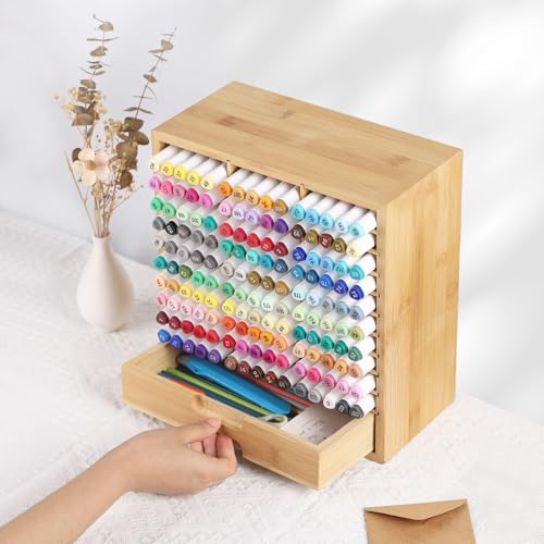 AUTOARK Bamboo Marker Organizer for 150 Markers,AHK-060 | Desktop Storage with Drawers,Art Markers Pens Pencils Brushes - size: 150 Markers