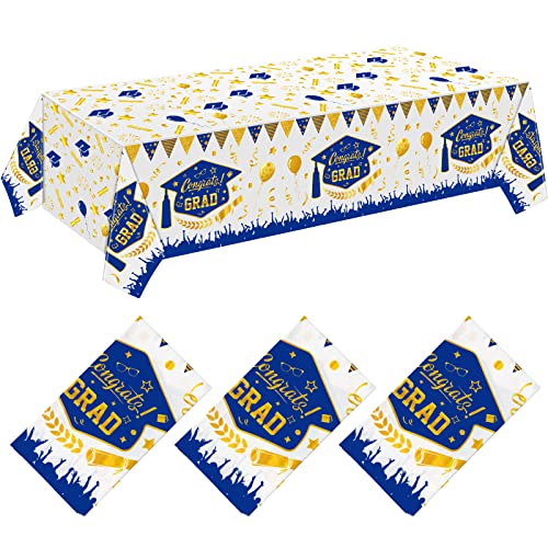Kinlop 3 Pcs Graduation Tablecloths Class of 2026 Graduation Party Decoration Supplies 51 x 108 Plastic Congrats Grad Table Covers Disposable Graduate Tablecloths(Blue, Gold) - color: Blue, Gold