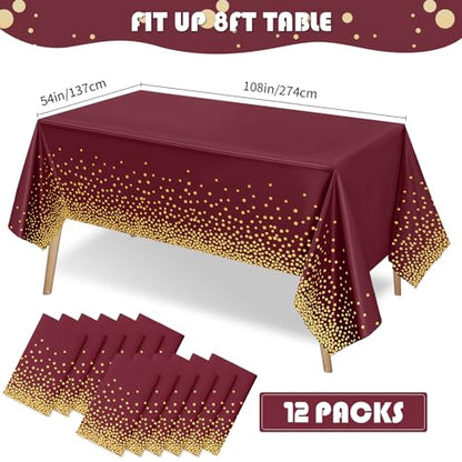 Tegeme 12 Pcs Maroon, Gold Plastic Tablecloths Burgundy Table Cloths Party - color: Wine Red, Gold