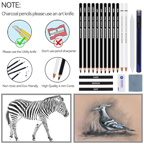 MARTCOLOR Charcoal Drawing Set, 19 Pieces, Black & White Charcoal Pencils and 5.5X8.5” Premium Sketch Book Set, 1 Pack, 100 Sheets(68 lb/100gsm) Sketchbook