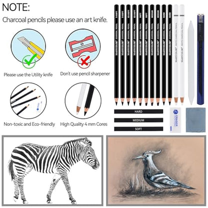 MARTCOLOR Charcoal Drawing Set, 19 Pieces, Black & White Charcoal Pencils and 5.5X8.5” Premium Sketch Book Set, 1 Pack, 100 Sheets(68 lb/100gsm) Sketchbook