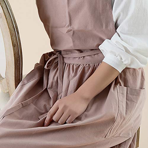 VLZUFE Women Cotton Linen Cross Back Apron with Pockets for Gardening Works Pinafore Dress - color: Pink