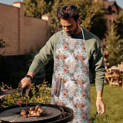 Apron with 2 Pockets,Kitchen Chef Artist Aprons for Cooking Gardening Baking Painting, Waterproof Apron 33" x 27" - color: Highland Cow