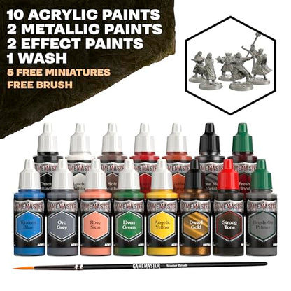 The Army Painter, GameMaster Adventure Starter Set, 15 x 18 ml | 15 x 18ml Warpaints Fanatic Acrylic paints, incl. a Brush-On Primer, 5 FREE Miniatures & 1 Brush - For Warhammer & Dnd - color: Adventure Starter Paint Set