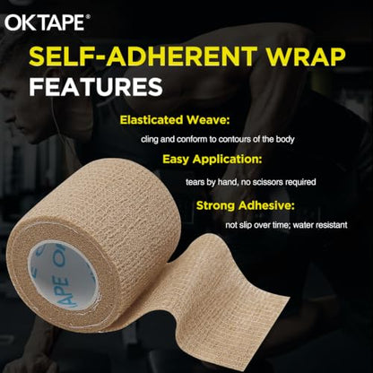 OK TAPE 12 Rolls Self Adhesive Bandage Wrap, Cohesive Elastic Athletic Tape - color: Beige, size: 2 Inch