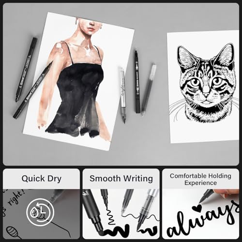 5 Black Acrylic Pens Set, Black Gel Pens, Dual-Tip Acrylic Paint Markers | Opaque Brush Tip Black Acrylic Markers for Highlighting Drawing, Sketching, Illustration, Card Making