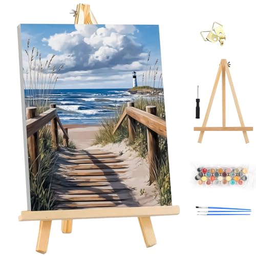 EOBROMD Framed Paint by Numbers Kits for Adults - Wooden Easel, Seaside DIY Painting Kits for Adults Beginner, Painting on Stretched Canvas Oil Paint by Numbers for Home Decor Gift 10x14 Inch - color: LG019