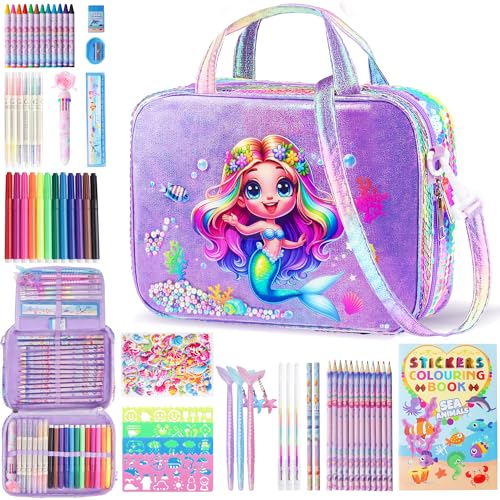 D-FantiX 63Pcs Mermaid Art Supplies Convertible Bag with Coloring Books | Arts and Crafts Kits for Kids 4-6, Travel Activity Drawing Set with Scented Markers, Birthday Gift for 6-8-12 Year Old Girls