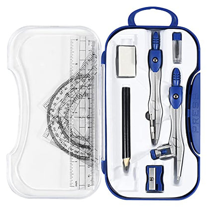 Vobou 10 pcs Math Geometry Set Student Supplies,Compass Kit Set, Navy Blue | Shatterproof Storage Box,Rulers,Protractor,Compass,Eraser,Pencil Sharpener,Lead Refills,Pencil,for School and Drawing - color: Navy Blue