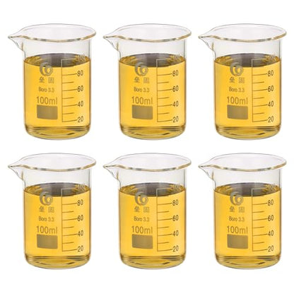 PATIKIL 100ml Low Form Glass Beaker, 6Pcs 3.3 Borosilicate Glass Beakers Graduated Measuring Cup with Spout for Lab Experiment, Cooking and Baking, Clear - size: 100ml