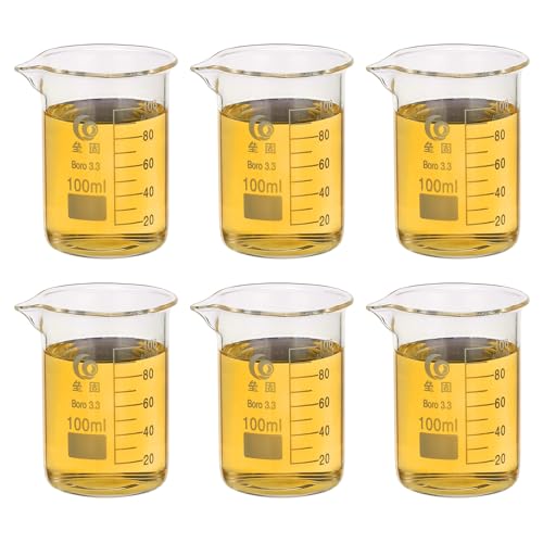PATIKIL 100ml Low Form Glass Beaker, 6Pcs 3.3 Borosilicate Glass Beakers Graduated Measuring Cup with Spout for Lab Experiment, Cooking and Baking, Clear - size: 100ml