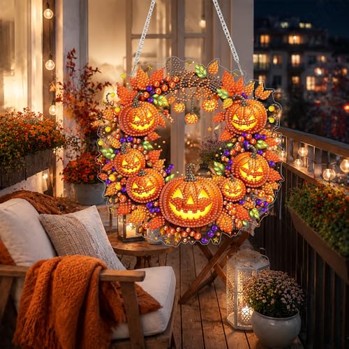 Eiflow Acrylic Diamond Art Hanging Kit for Adults, DIY Diamonds Painting Door Hanger Board Kit, Special Crystal Diamond Art Painting Pendant Ornament (Pumpkin Wreath) - color: Pumpkin Wreath