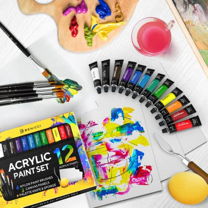 Complete Acrylic Paint Set – 12х Rich Pigment Colors & 6x Art Brushes - Includes 3 Paint Canvases, Palette Knife & Sponge - Perfect for Canvas, Clay, Ceramic - Non-Toxic, Great for Kids & Adults