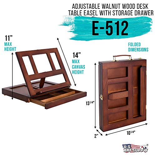 U.S. Art Supply Walnut Adjustable Wooden Art Easel: Portable Tabletop Easel with Storage 3-Drawers & Paint Palette - Beechwood Table Top Easels for Painting, Canvas, Artist Stand & Drawing Board