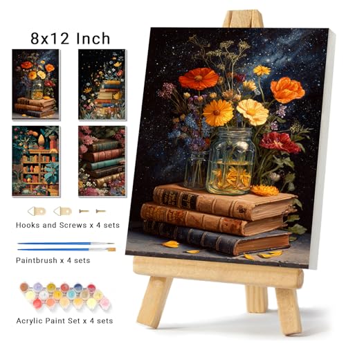 4 Pack Framed Paint by Numbers Kit for Adults Beginner Book Adult Paint by Number Kits on Canvas Flower Painting by Numbers for Adults with Frame Floral DIY Painting Kits for Home Wall Art 8x12 Inch - color: NZT3538, size: 8x12 Inch