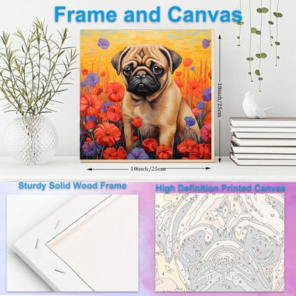 Artunion Framed Paint by Numbers Kit for Adults Beginners & Kids Ages 8-12,Pug Dog Paint by Number with Frame,Dog Animal Paint by Numbers Kit on Canvas 10 * 10 Inch Without Easel - color: ZXT-326-F