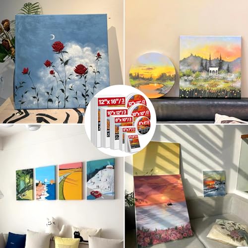 21 Packs Stretched Canvases for Painting, MultiSize 12x16, 10x12, 8x10, 5x7, 3x5, Round Canvas with 8x8,10x10,12x12, Primed Blank Canvas for Oil, Acrylic Paint,for Beginner, Artist. - size: 21Pack-MultiSize Canvas