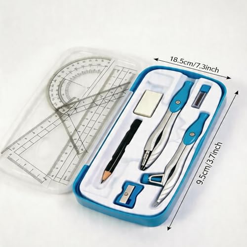 Marte Vanci 10 Piece Geometry Set, Math Geometry Kit with Storage Case, Includes 2 Compasses Rulers Protractor Pencil Eraser Sharpener Lead Refills Student Supplies for Drafting, Math Study (Blue) - color: Blue