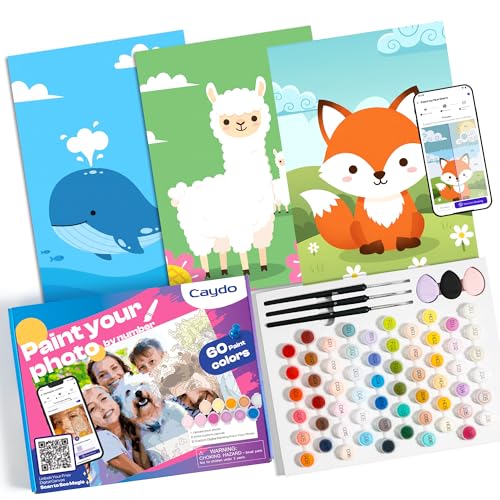 Caydo 3 Pack Custom Paint by Numbers Kit for Kids | Turn Your Photo into A3 Paint Templates via App with 60-Color Acrylic Set and 3 Blank Canvases for Craft Gift & Home Activity - size: 11.7"x16.5" without Frame