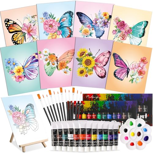 Cholemy 36 Pcs Paint and Sip Kit Gift for Adults 8''x10'',Butterfly | Pre Drawn Canvas, Painting DIY Afro Acrylic Painting Kit, Wood Easel Brushes, Date Night Bulk, Summer Halloween Party - style: Butterfly