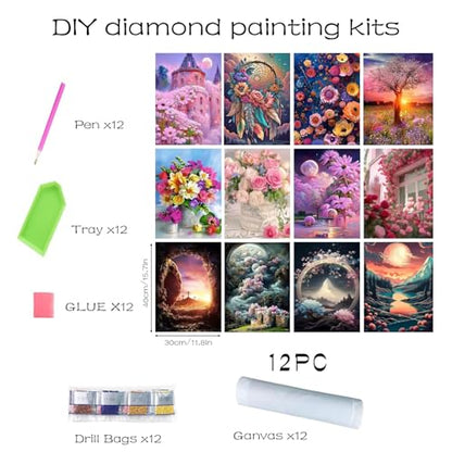 Ellunyo 12 Pack Diamond Painting Kits for Adults,Landscape Diamond Painting Kits, 5D Diamond Painting Kits for Adults, Full Drill Craft Kits 12x16 inch,Cute Painting