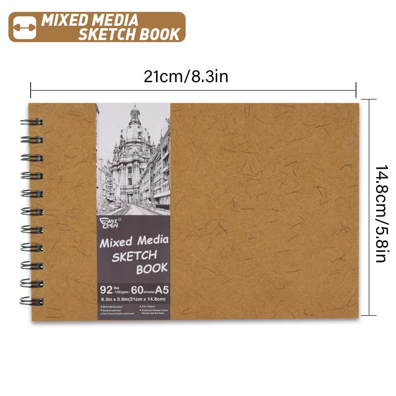 5.8" x 8.3" Mixed Media Sketch Book,Spiral Bound Hardcover Sketchbook,60 Sheets 92lb/150gsm Neutral White Acid Free Paper,Art Journal Sketchbook for Drawing Writing Sketching Illustration,Turmeric - color: Neutral White-Turmeric