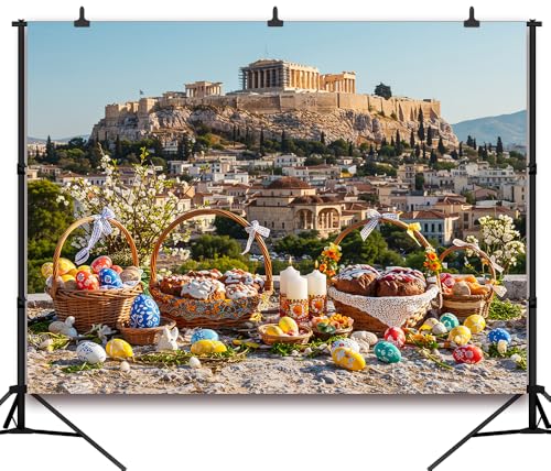 7x5FT Easter Backdrop Athens Acropolis Iconic Landmarks Colorful Eggs Flower Basket Background for Spring Themed Baby Birthday Shower Party Decor Vinyl - color: town